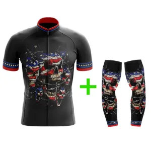 Cool Cycling Jersey With Arm Sleeves USA Flag Skull V3 Mens Black Bike Jersey