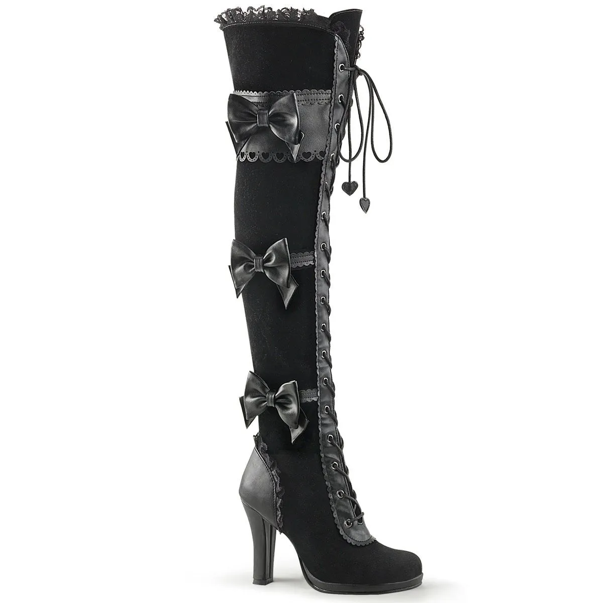 Demonia GLAM-300 | Black Vegan Leather & Velvet Above Knee Boots