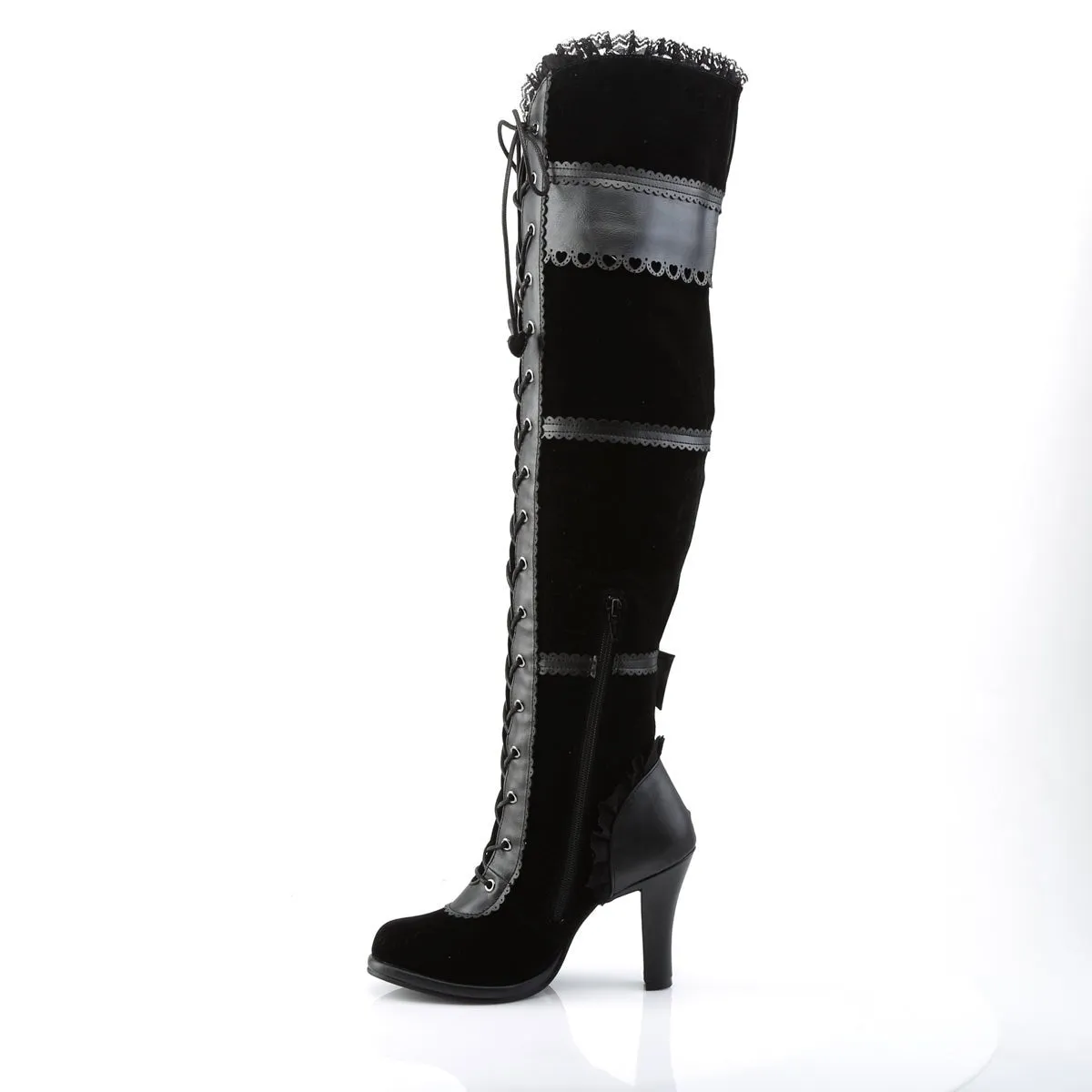 Demonia GLAM-300 | Black Vegan Leather & Velvet Above Knee Boots