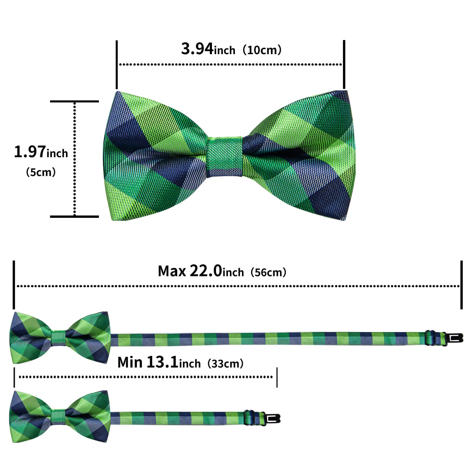 DiBanGu Kids Bow Tie Dark Green Blue Plaid Silk Pre-Bow Tie Hanky Set