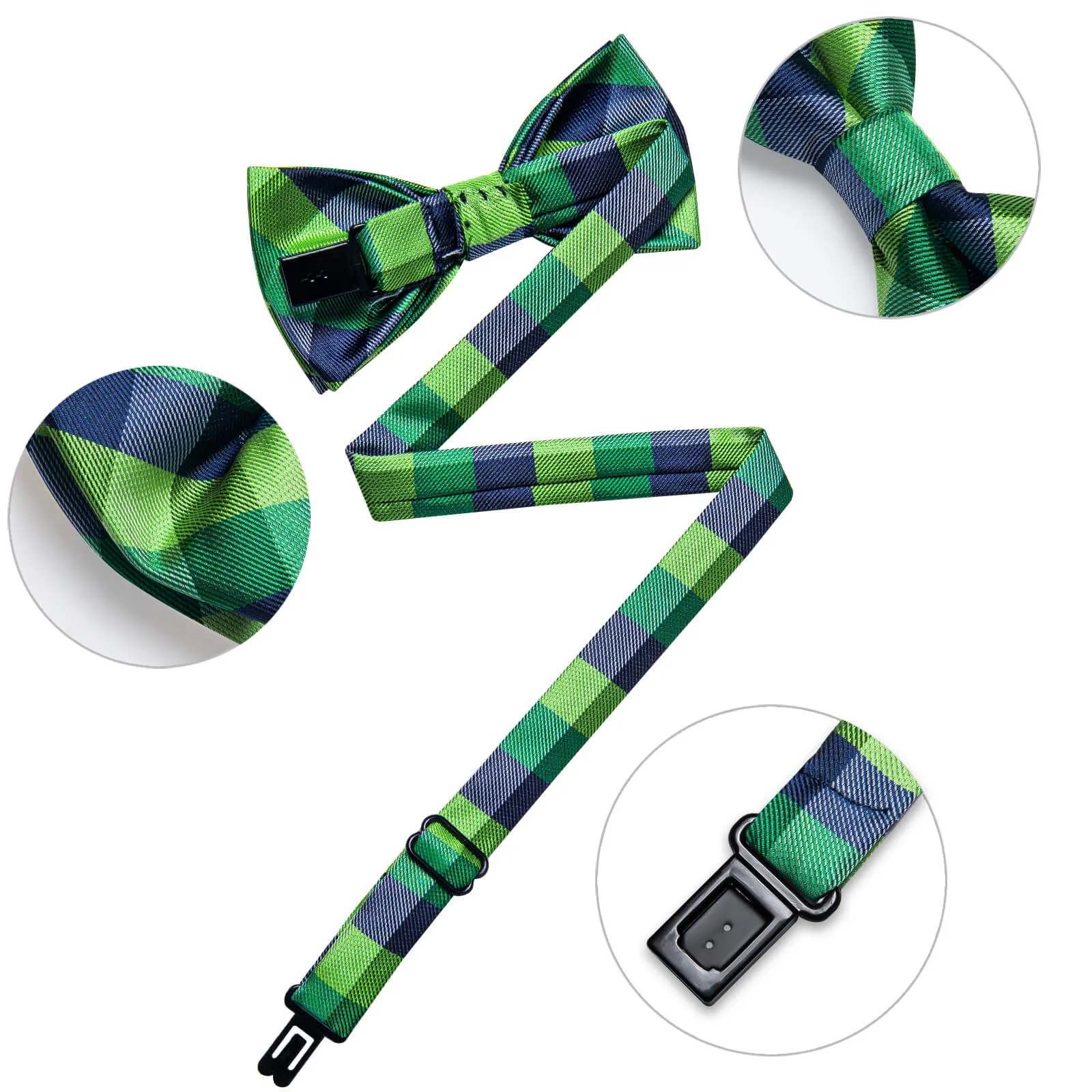 DiBanGu Kids Bow Tie Dark Green Blue Plaid Silk Pre-Bow Tie Hanky Set