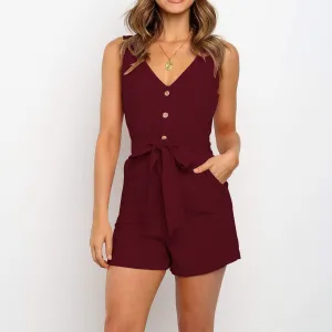 Off Shoulder Sleeveless Mid Waist Button Belt V-neck Jumpsuit