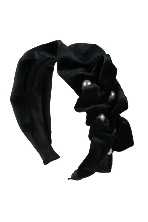 Ruffled Pearl Velvet Headband - Black